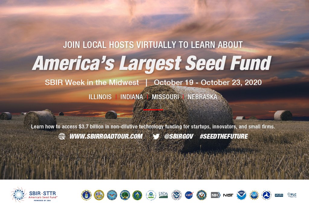sbirgov's tweet photo. #SmallBusinesses & #innovators in #Nebraska, #Missouri, #Illinois, & #Indiana have you registered for your 1on1 with a #SBIR/#STTR program manager during the upcoming Midwest #SBIRVirtualWeek (10/19-10/23)? If not, visit https://t.co/gstcGB5zL4 to register today. #seedthefuture https://t.co/59YcnFV5Ht