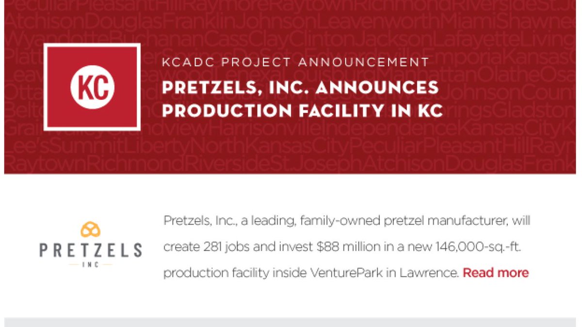 KC SmartPort (@kcsmartport) on Twitter photo Pretzels, Inc. will open a new 146,000-sq.-ft. production facility at VenturePark in <a href="/lawrenceks/">City of Lawrence KS</a>. The company plans to hire 281 and invest $88 million.
#WhyKC #KCNext #HeartlandHub #LogisticsHub #foodlogistics
bit.ly/36FFqPn Pretzels, Inc. will open a new 146,000-sq.-ft. production facility at VenturePark in <a href="/lawrenceks/">City of Lawrence KS</a>. The company plans to hire 281 and invest $88 million.
#WhyKC #KCNext #HeartlandHub #LogisticsHub #foodlogistics
bit.ly/36FFqPn