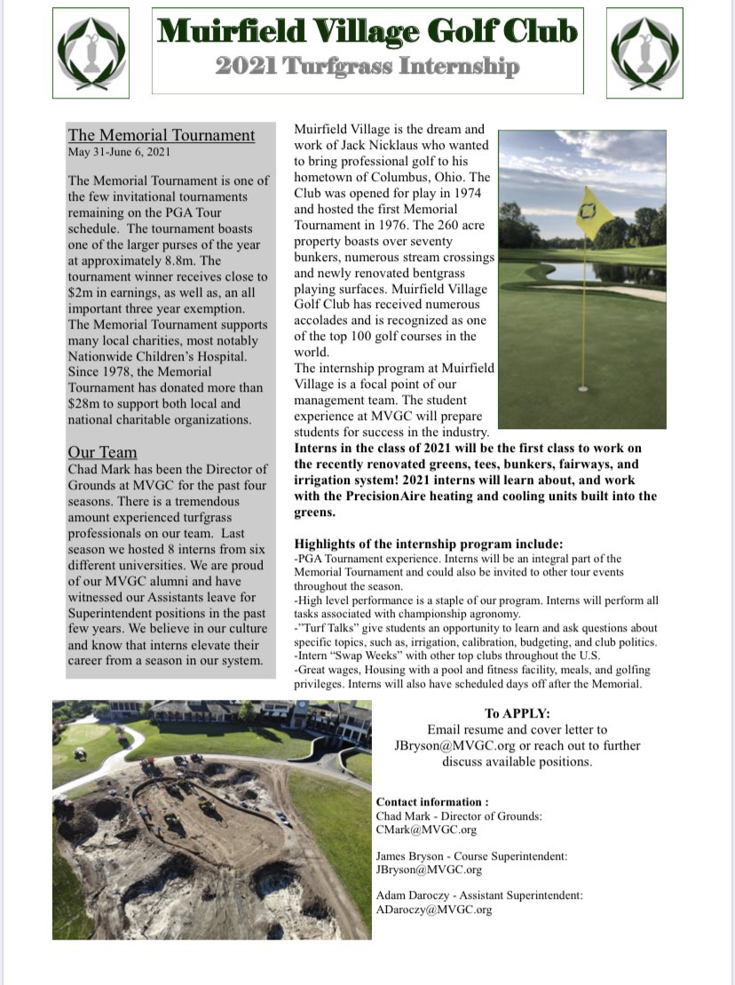 James Bryson (@bryson_j_) on Twitter photo Internship positions are starting to fill and we can’t wait to have students join us at MVGC to reopen for the 2021 Memorial Tournament and Member play! Reach out to inquire or see application instructions below. Internship positions are starting to fill and we can’t wait to have students join us at MVGC to reopen for the 2021 Memorial Tournament and Member play! Reach out to inquire or see application instructions below.