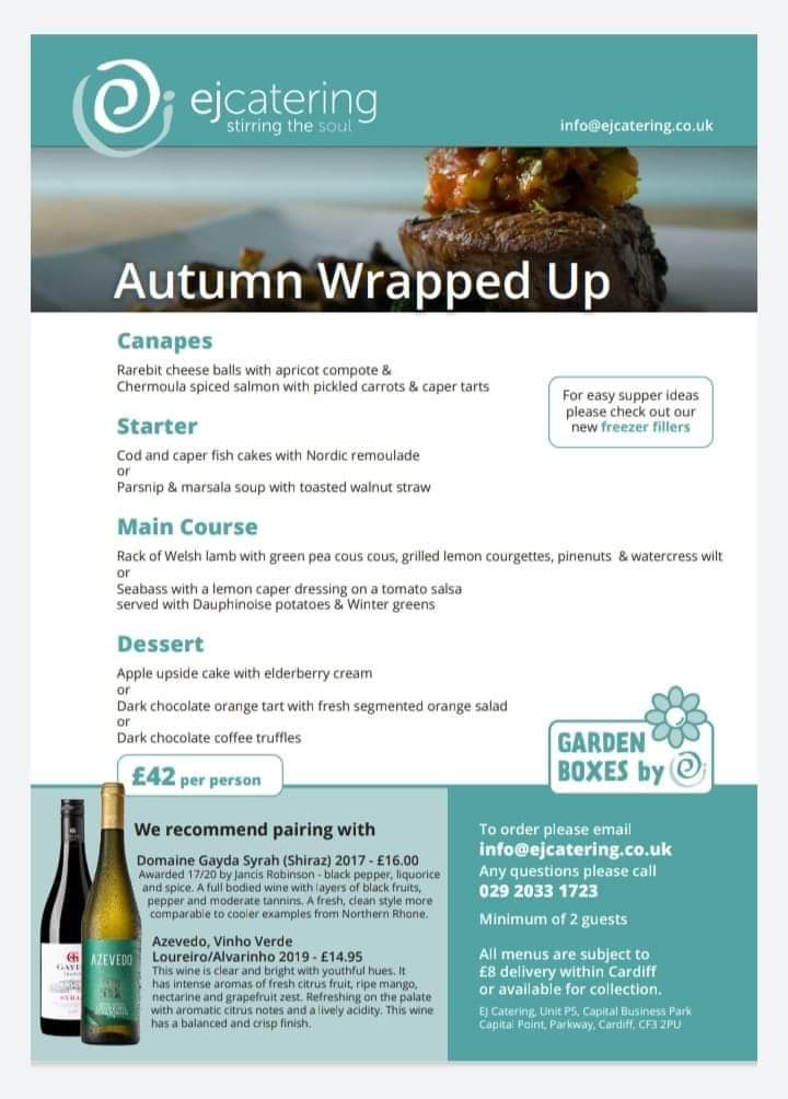 Hello A U T U M N🍁🍂🎃🍏☕🔥🎆

Who's ready for crisp mornings, cosy jumpers, delicious hot drinks, beautiful walks, pumpkin picking &amp; EJ's BRAND NEW AUTUMNAL MENU, to be enjoyed in the comfort of your own home?

ejcatering.co.uk

#Cardiff #ValeOfGlamorgan #CardiffFoodies