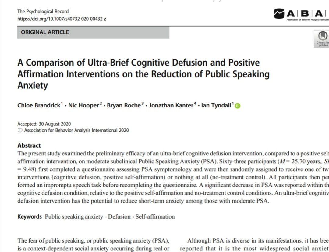 ITyndall's tweet image. Brandrick, Hooper, Roche, Kanter, &amp;amp; Tyndall &apos;A comparison of ultra-brief cognitive defusion and positive affirmation interventions on the reduction of public speaking anxiety&apos; out today @ChiUniPsych @myacbs @nichooper7 @ChiUni_Research #Cognitivedefusion