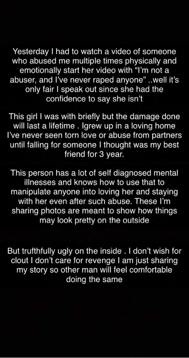 One of my best friends and a bunch of other guys decided to out their abuser this morning (all abt the same girl). please help spread this to bring awareness and conversation about female abusers.MEN GET ABUSED TOO*warning, DV, yelling, and sexual assault*