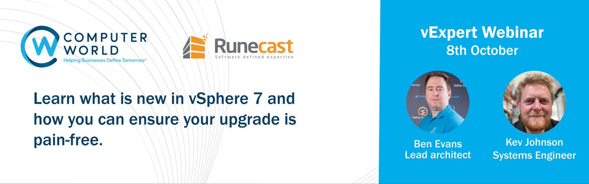Tomorrow <a href="/kev_johnson/">Kev Johnson</a> and <a href="/thevcave/">Ben Evans</a> are hosting a webinar to help you plan your vSphere upgrade to ensure it is pain-free and a success first time.

bit.ly/3l7lo4b

#DefineTomorrow #Runecast #vSphere #vSphere7 #Upgrade #VMware