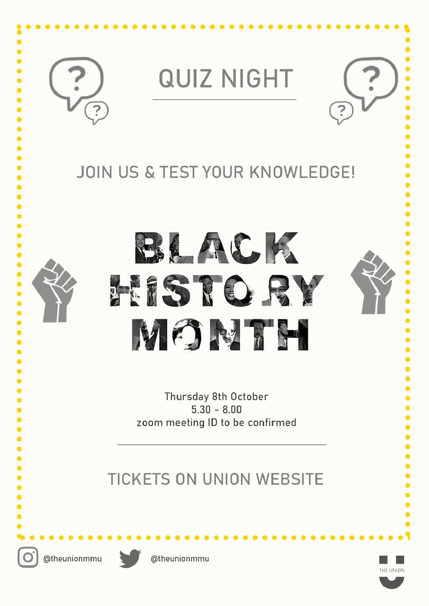 SeoFah's tweet photo. BHM QUIZ NIGHT | Thurs 8 Oct | 5.30-8PM | Tickets available on @TheUnionMMU website #BHM2020 https://t.co/L7JMoSpk5R