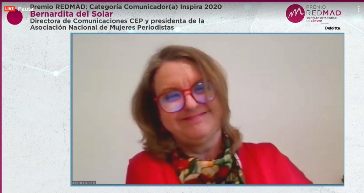 Felicitamos a nuestra Pdta <a href="/bernidelsolar/">bernardita del solar</a>, Premio <a href="/redmad_chile/">REDMAD Chile</a> 2020 categoría Comunicadora Inspira, por su aporte y compromiso en la promoción de la igualdad de la mujer, en su empoderamiento, la complementariedad de género y su visibilización en posiciones de alta dirección👏👏