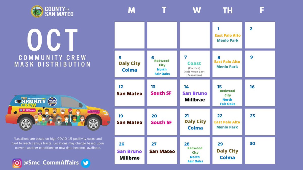 Look for our #MaskMobile tomorrow (10/8) in #EastPaloAlto and #MenloPark – free masks and access to COVID19 resources. Let’s move San Mateo County from the red to orange tier! Our comeback depends on #AllofUS, so #WearYourMask.  and #MaskUpSMC!