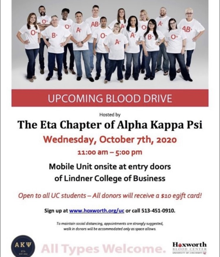 🚨🚨Don't forget! Alpha Kappa Psi is holding a blood drive today at Lindner from 11 AM to 5 PM! 🚨🚨 Donating blood counts for impact points! #alltypeswelcome