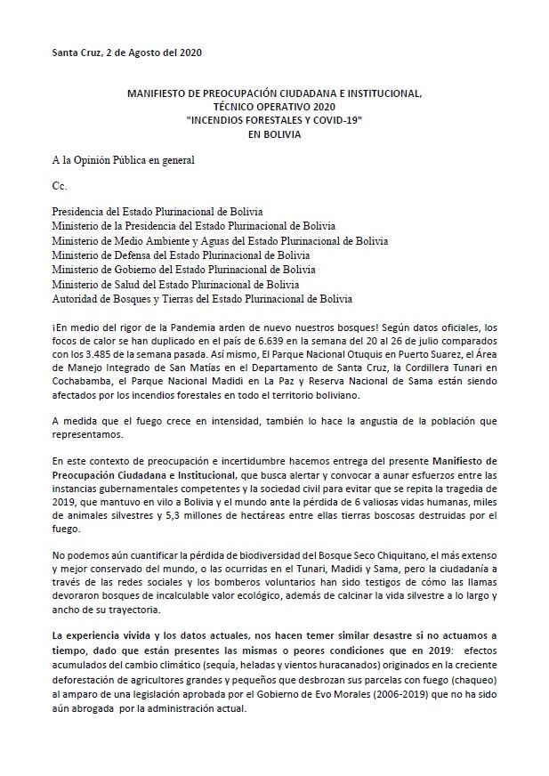 2020 August 2: 12 organizations -firefighter units & volunteers groups including us  @RiosDePie  @StandingRivers - publish this Manifesto stating urgent demands to battle fires given the COVID pandemic. Among them is the need for COVID tests for firefighters. No response from Añez.