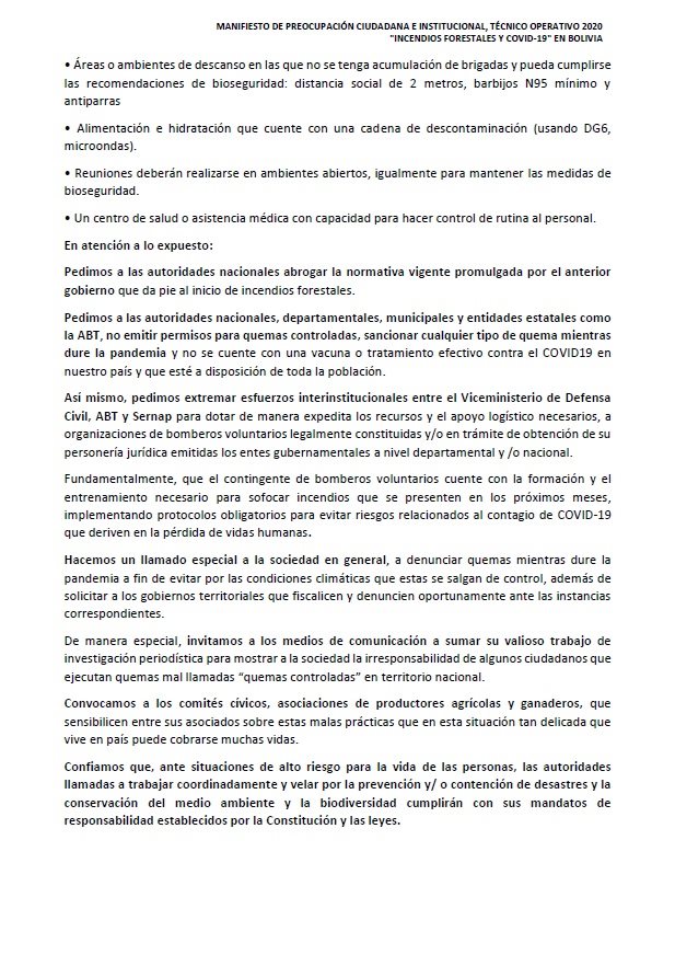 2020 August 2: 12 organizations -firefighter units & volunteers groups including us  @RiosDePie  @StandingRivers - publish this Manifesto stating urgent demands to battle fires given the COVID pandemic. Among them is the need for COVID tests for firefighters. No response from Añez.