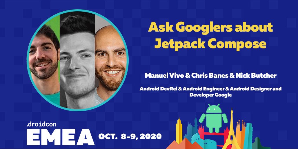 Do you want to learn more about #Jetpack #Compose? Ask @Googlers your Jetpack Compose related questions in this session. <a href="/manuelvicnt/">Manuel Vivo</a>, <a href="/chrisbanes/">Chris Banes</a> &amp; <a href="/crafty/">Nick Butcher</a> at #dcEMEA Full abstract: online.droidcon.com/emea-speaker/m…