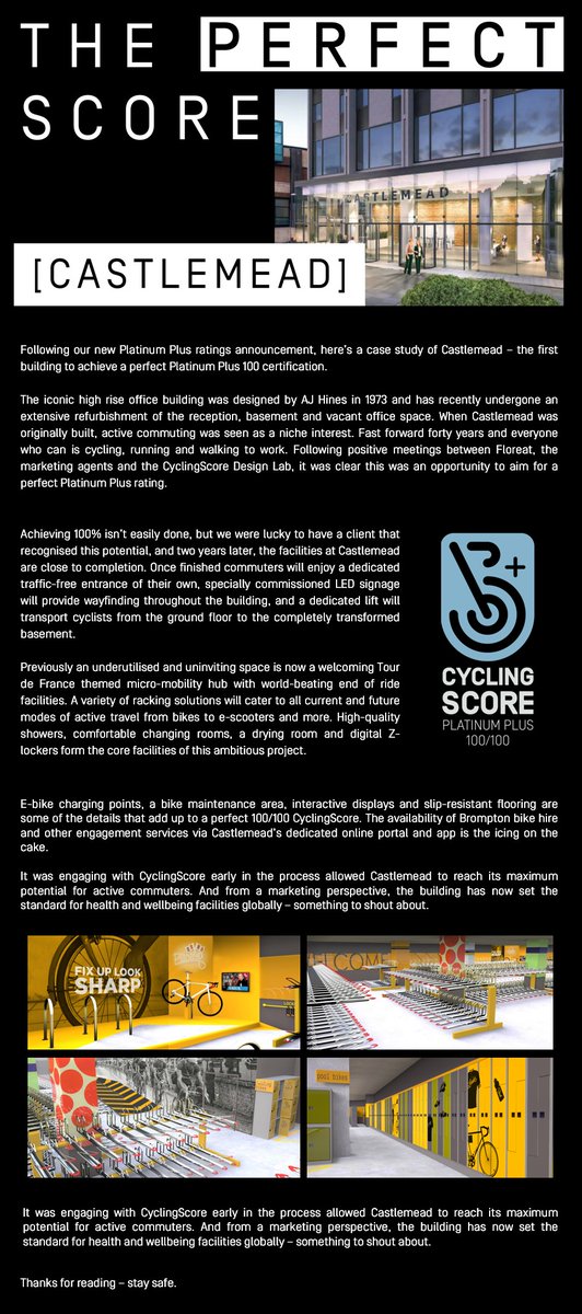 It's official - Castlemead is the first building EVER to be awarded a Platinum 100/100 Cycling Score. We are very proud to be involved in the project management of the refurbishment of the building. For more details, please contact the Bristol office #CyclingScore