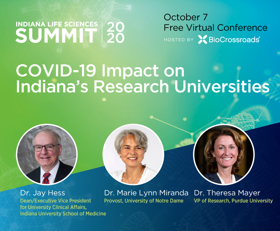 BioCrossroads's tweet photo. Dozens of startups are created & a tremendous amount of research is done each year at #IU, #PurdueUniversity and #NotreDame. We were curious about how #COVID19 has impacted their work? To answer we have Drs. Theresa Mayer, Jay Hess and Marie Lynn Miranda. https://t.co/ZBmqVvfENk