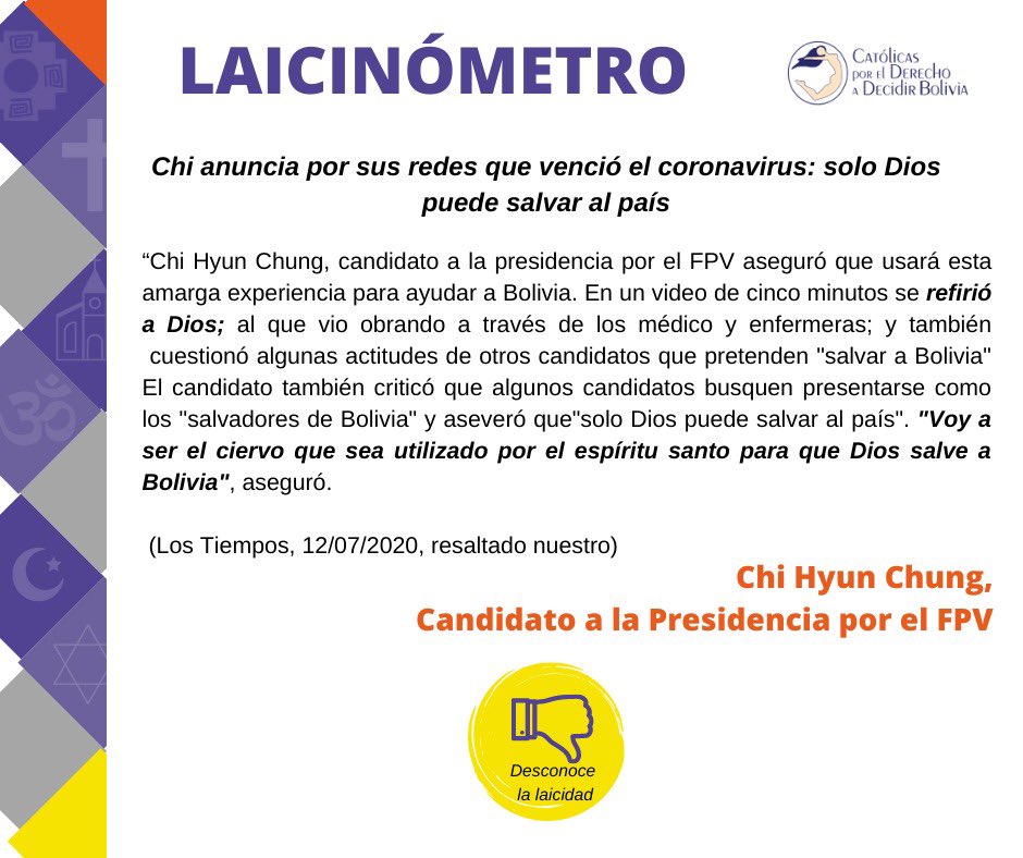 ¿Cuánto respetan candidatas y candidatos a la Laicidad?  
BOLIVIA ES PLURAL ,CADA PERSONA TIENE DERECHO A PRACTICAR LIBREMENTE SU
RELIGIÓN, CREENCIAS, CULTOS O NO CREENCIAS Y LA LAICIDAD GARANTIZA ESTE EJERCICIO.
LAS PROPUESTAS ELECTORALES NO DEBEN CONTENER PROSELITISMO RELIGIOSO