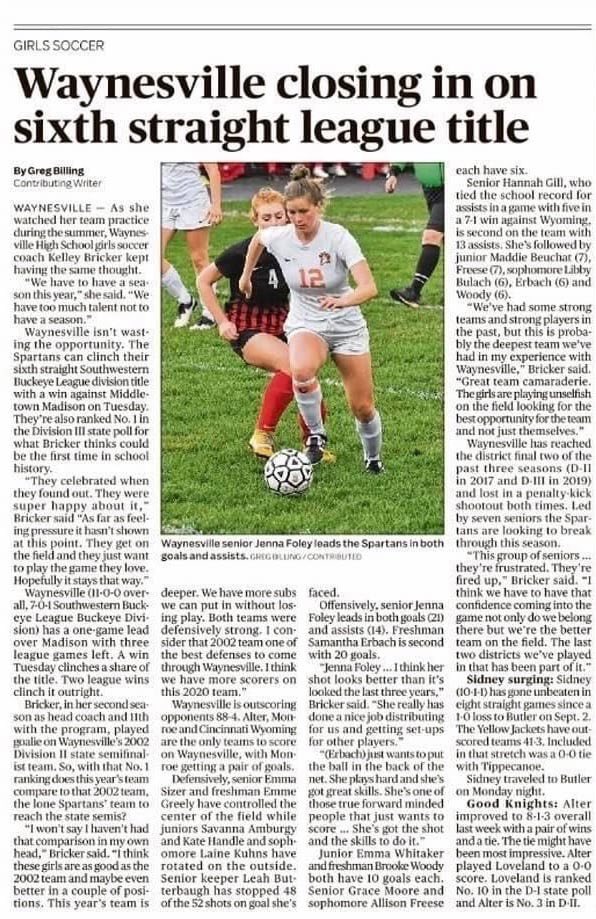 wayne_local's tweet photo. Lady Spartans Soccer had a feature story in the Dayton Daily News on Tuesday.  The excitement is definitely building for this team as they look to secure their ranking!!  Go Spartans!!! https://t.co/UEy3xOMry3