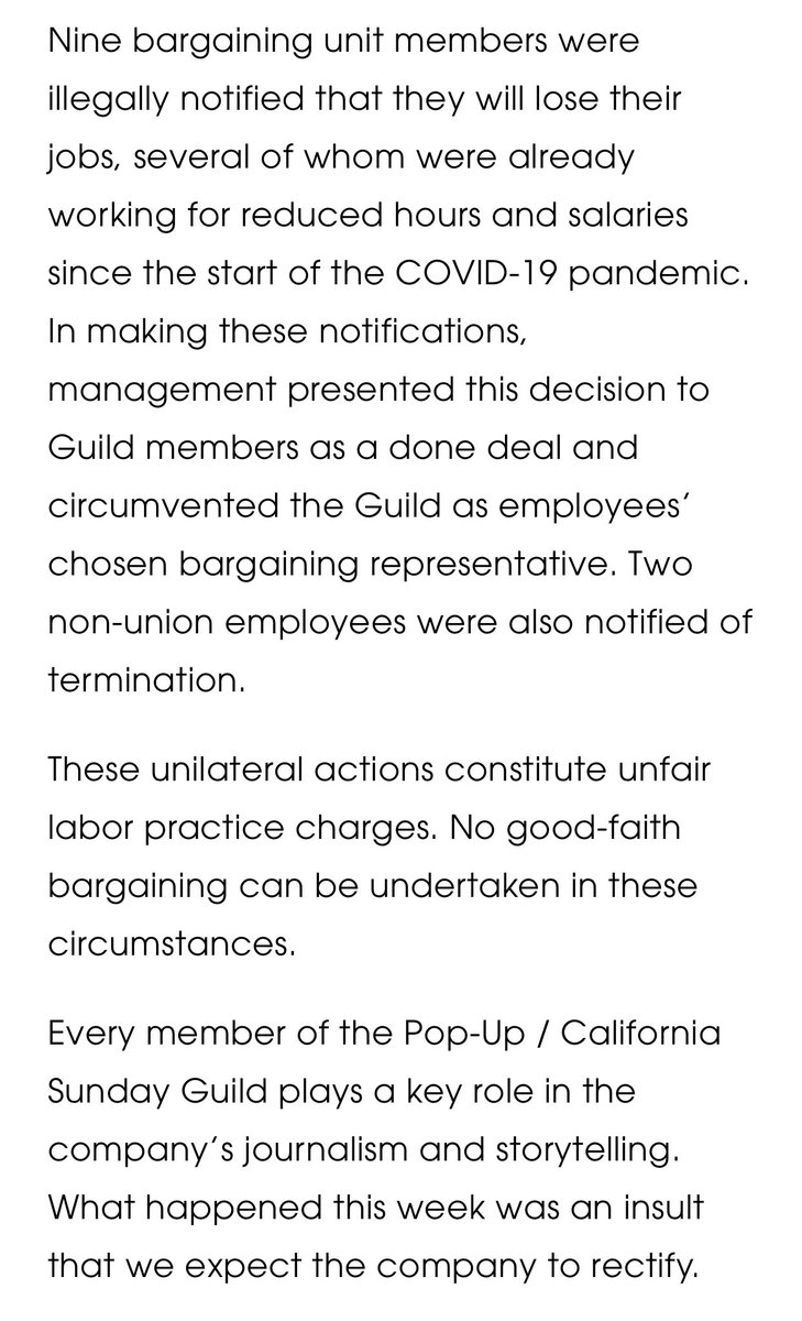 Here is our statement on the cuts at Pop-Up Magazine and California Sunday, where management illegally laid off nine of our @popupguild members plus two other workers. mediaguildwest.org/news/statement…