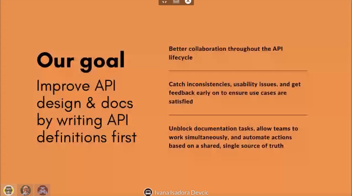 APItheDocs's tweet image. Improve #APIdesign & #APIDocs by writing #API definitions first. The 2nd #APItheDocsVirtual event has just kicked off with @ivana_isadora's presentation!
#APItheDocs