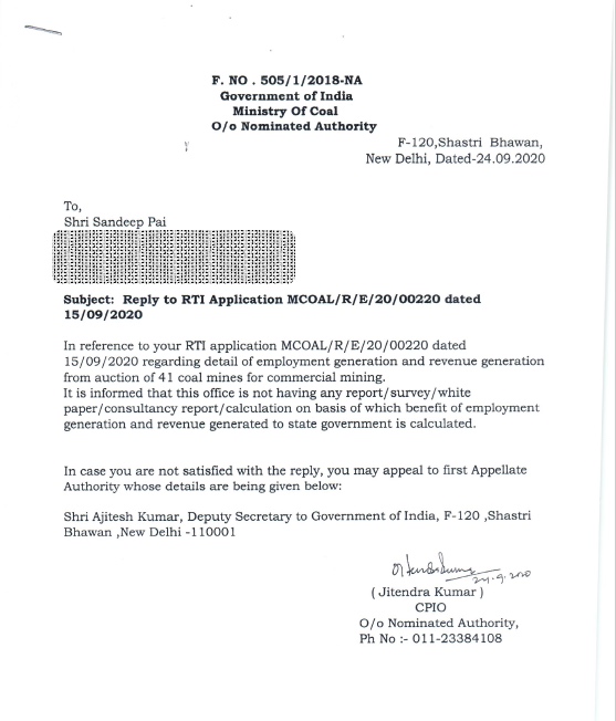 When Indian Prime Minister & Coal Minister announced commercial coal mining, they bragged that coal auctions will create 2.8 lakh jobs & Rs 20k cr revenue for states. So, I filed an RTI with Coal Ministry asking the basis of these claims. Result: Coal Ministry has NO idea (1/n)