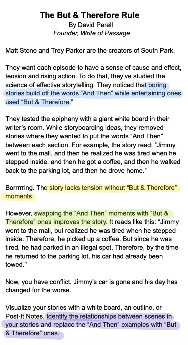 david_perell's tweet photo. To improve your storytelling, replace "And Then" moments with "But &amp; Therefore" ones.

Here's my mini-article. https://t.co/ETb5rhyl6r