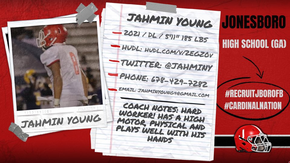 JAHMIN YOUNG
#8 DL | ‘21 | 5’11 185
🐥 <a href="/JahminY/">Jahmin Young</a>
💻 (MIDSEASON) hudl.com/v/2EGZ0v
📚 Jonesboro HS (GA)
OFFERS: Kings College, Concordia University Chicago

HFC @dlfarn
Pos. Coach <a href="/ajpatt1983/">Aubrey J. Patterson, Sr</a>
Recruit Coord <a href="/CoachCarmichEAL/">“COACHSYRUP🥞” Coach Darrian CarmichEAL</a>

STATS
🌟 7 TKL
🌟 1 TFL
🌟 2 SACKS