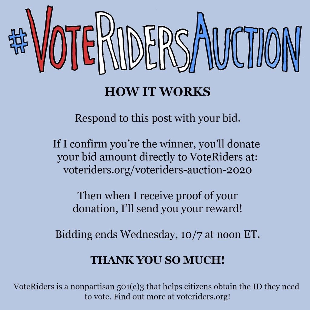 bottomshelfbks's tweet photo. @cleasto @gregpak @VoteRiders CONGRATULATIONS, Roy! You’re the winning bid! 🎉 Thanks so much for your generous donation to such a worthy cause! 🙏🏽 #VoteRidersAuction
Now just follow the easy instructions below and DM me so we can discuss getting the package off to you! https://t.co/d7y4aAAziY