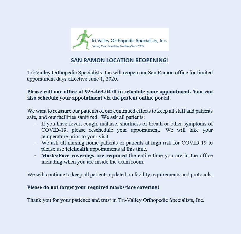 TVO_SPORTS's tweet photo. Our San Ramon office is now open for patient care!  Our Pleasanton and Tracy offices continue to be open during this time.  #trivalleyorthopedics #therapy #mask #covid19 

https://t.co/BbyjA6YMFf
925-463-0470 https://t.co/GNFYaU0pPc