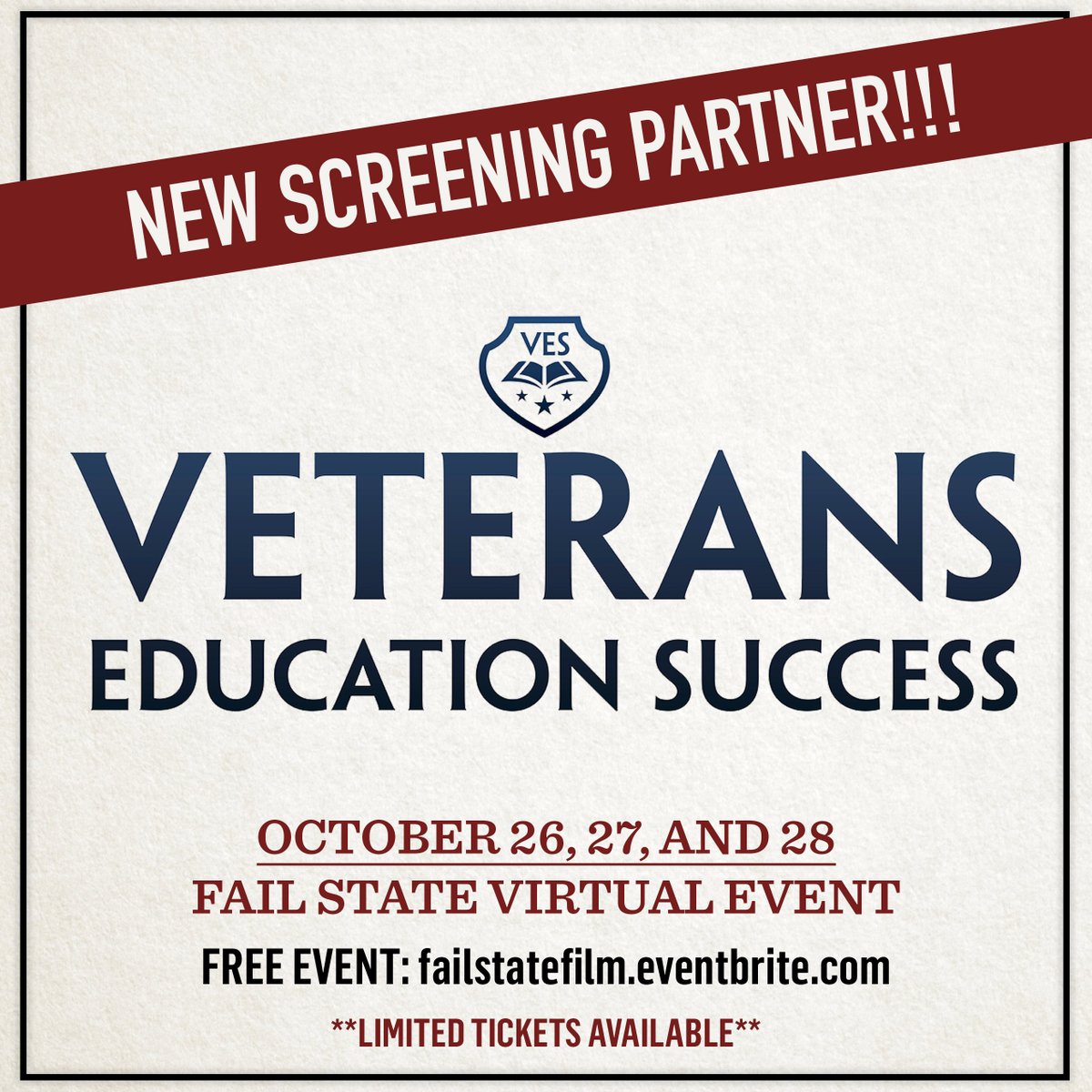 GIBillRights's tweet image. Starting tonight! Join @GIBillRights &amp;amp; @FailStateMovie in a free, online, educational screening of the award-winning documentary. #GIBillRights #VetsEdSuccess #FailState

DATES: October 26 - 28, 2020*

REGISTER AT: eventbrite.com/e/fail-state-o…

*Limited slots available so sign up now!