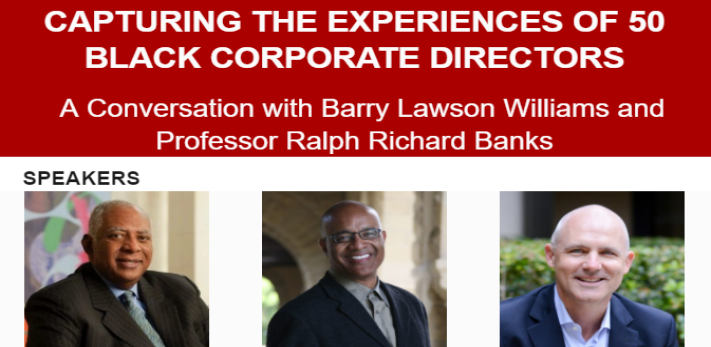 StanfordRock's tweet photo. Join us tomorrow for a talk between Barry Lawson Williams & Ralph Richard Banks as they examine the critical intersection of #corporategovernance and #racialequity & the experiences of black corporate directors. https://t.co/ezYYHfX6Eh
#corpgov #boardgov #boardofdirectors #boards https://t.co/J3HY9ORL5n