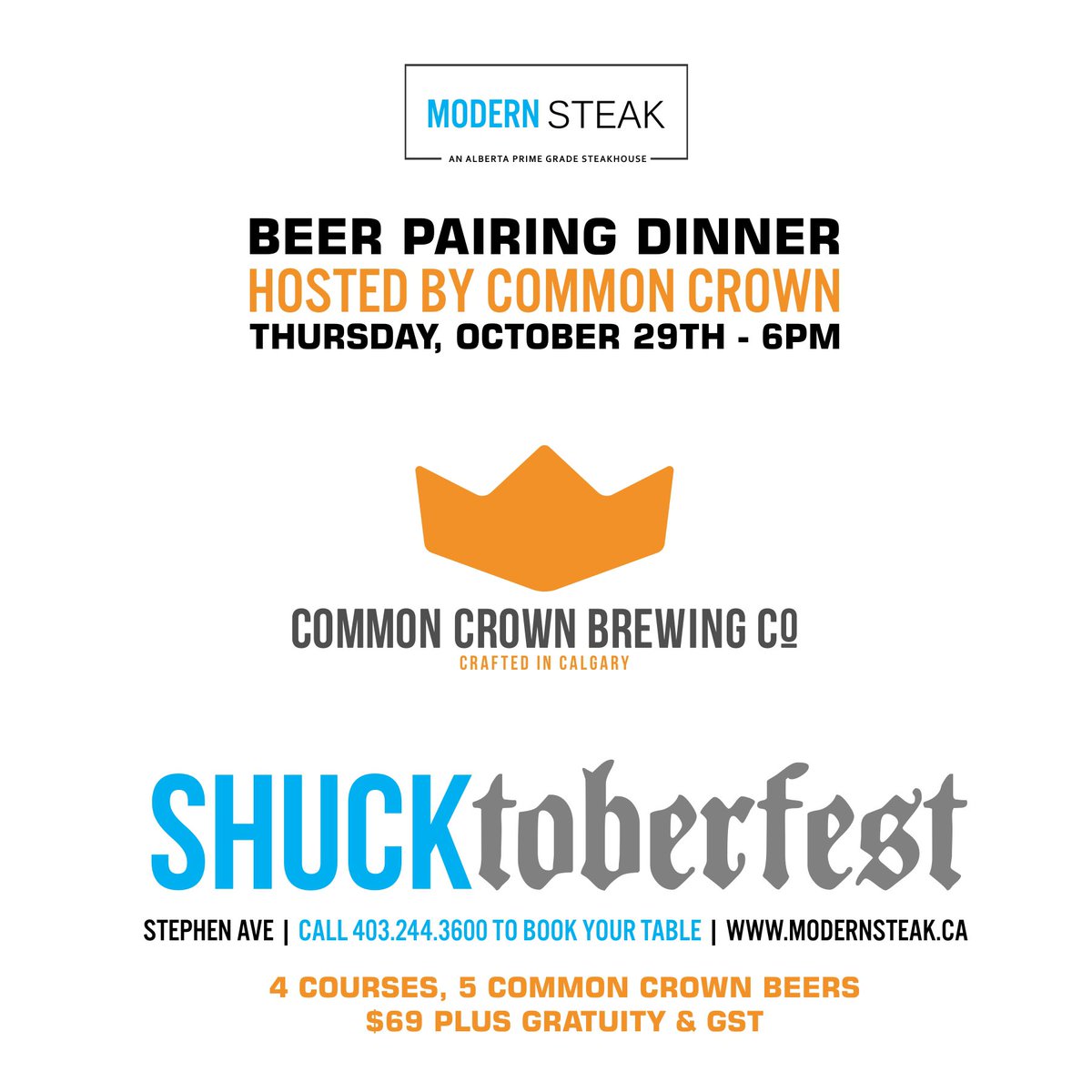 💥💥EVENT ALERT💥💥
<a href="/commoncrownbrew/">Common Crown Brewing Co.</a> will be hosting a beer pairing dinner on Thursday, Oct 29th at 6pm. 

For the crazy insane price of $69 per person plus gratuity &amp; GST will get you 5 Common Crown Beers &amp; 4 courses. 

Call &amp; book your table at 403.244.3600. LIMITED SEATS AVAIL