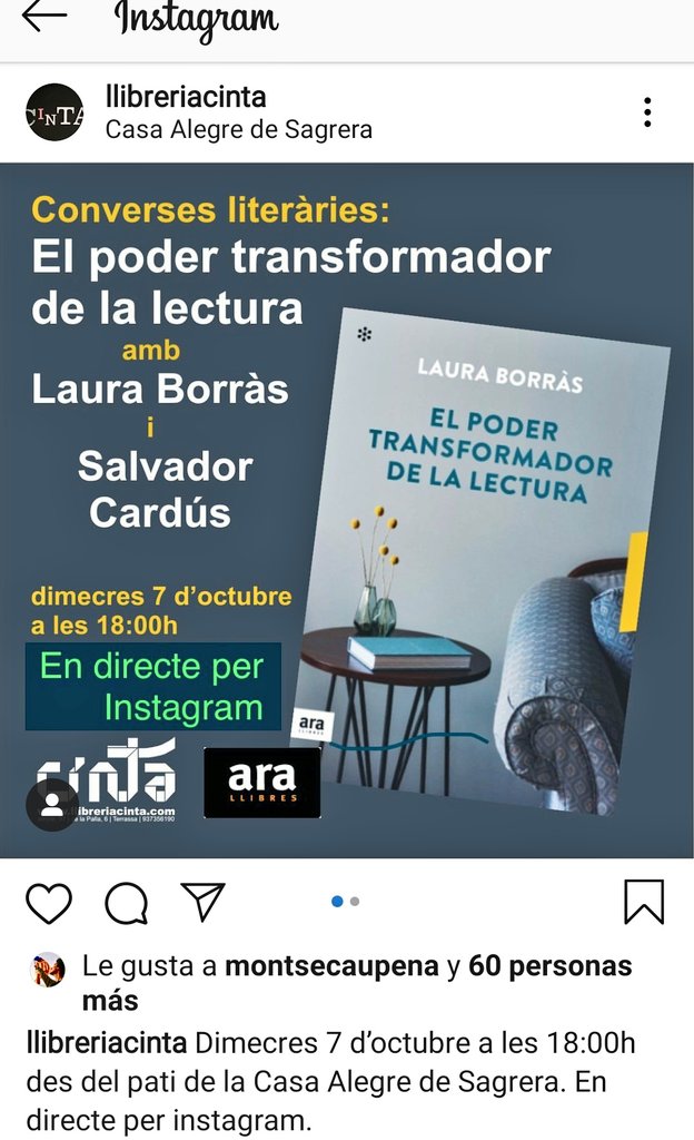 Veient i escoltant en directe a través de l'@instagram de @LlibreriaCinta, la presentació a càrrec de @salvadorcardus del llibre de la @LauraBorras 👉 El poder transformador de la lectura