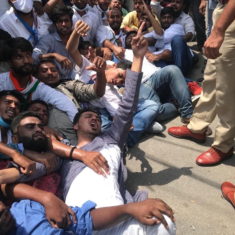 nsui's tweet photo. With the demand of promotion for 1st, 2nd &amp; 3rd year students &amp; 50% fee waiver, NSUI Telangana activists with National Secretary Naved Khan &amp; State President Venkat Balmoor went to JNTUH to meet the authorities but Police did brutal Lathicharge on activists which is condemnable. https://t.co/ipbS0pKyWQ