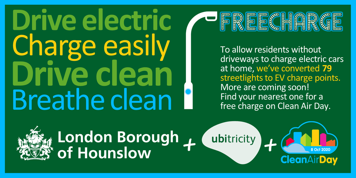 LBofHounslow's tweet image. Electric vehicle owners - Don't forget to take advantage of the #freecharge being offered by @ubitricity for #CleanAirDay tomorrow.
Find your nearest charge point here: portal.ubitricity.co.uk/map #ubitricity #cleanairday2020