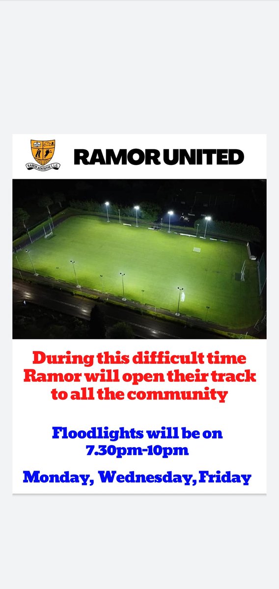 RamorUnited's tweet photo. *Walking Track open*

Floodlit, safe &amp; open to the community 
Keep active during the latest restrictions. 🚶‍♂️🚶‍♀️🏃‍♂️🏃‍♀️ https://t.co/miHvhshuQM
