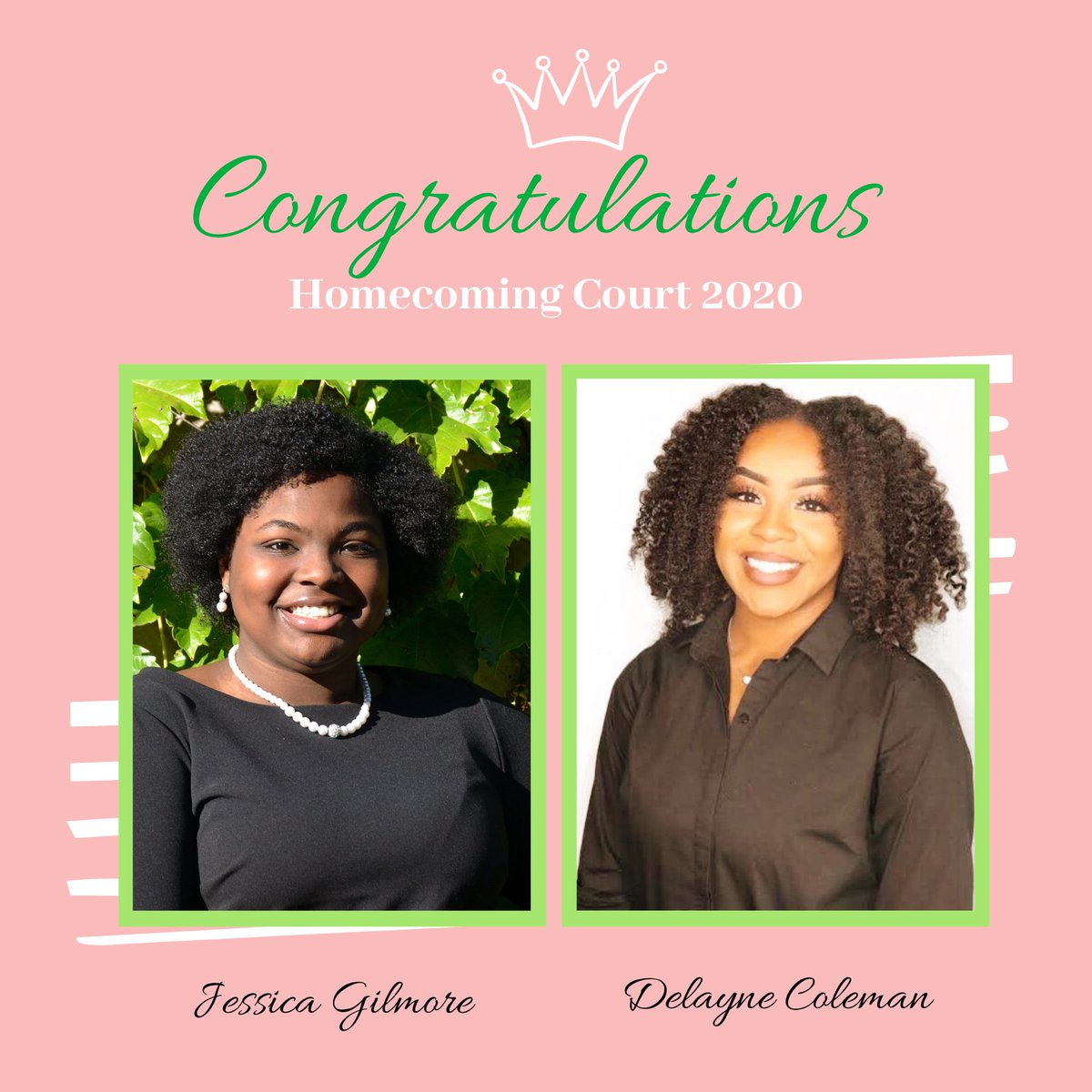 KappaIota1976's tweet photo. Congratulations to Kappa Iota members Jessica Gilmore and Delayne Coleman for making the homecoming court 2020! Kappa Iota is extremely proud of you both! 💕💚 
#AKA1908 #KeepingupwithKI #homecomingqueens https://t.co/MjLMiTZ27E