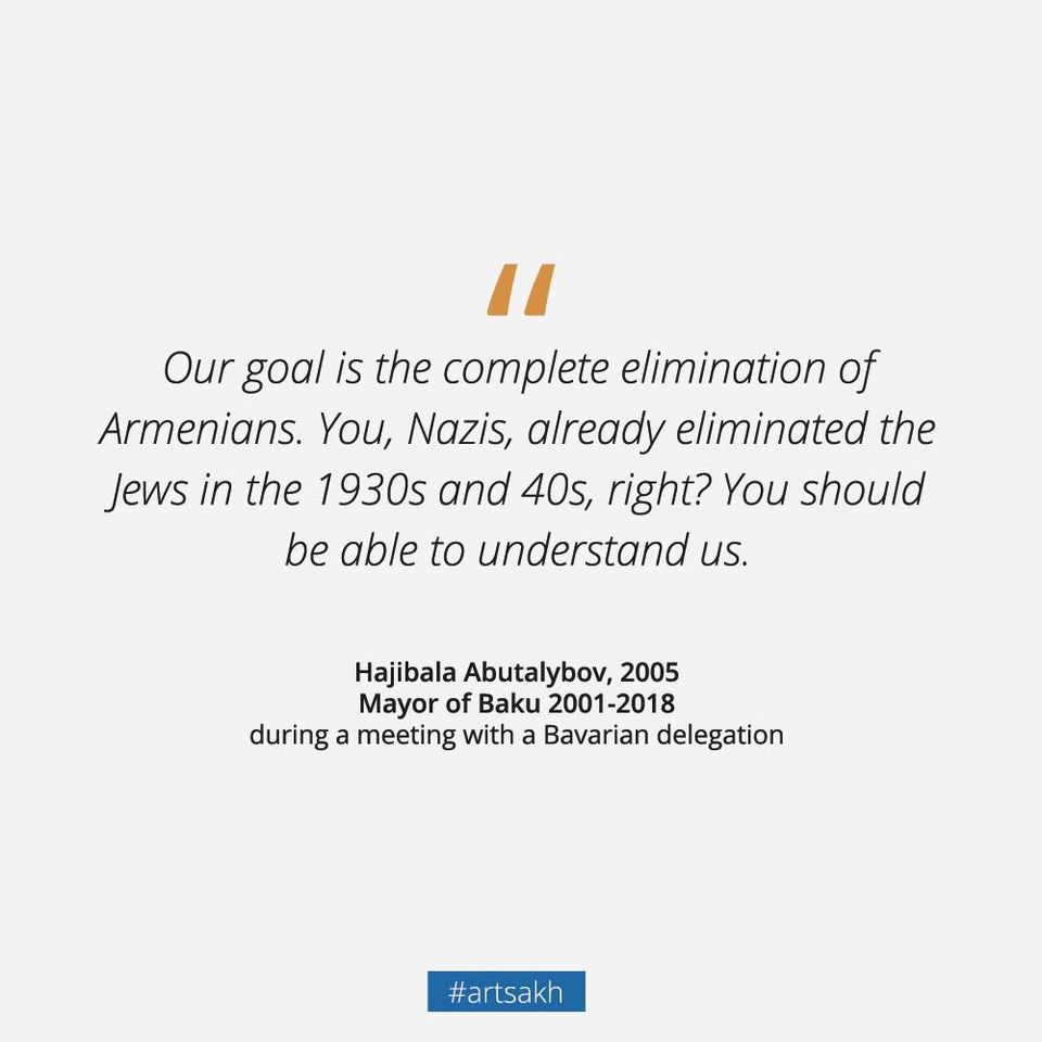 Exhibit A: Statements from officials.  #Aliyev said in 2012 " #Armenia as a country is of no value. It is actually a colony, an outpost run from abroad, a territory artificially created on ancient Azerbaijani lands." Likewise, see attached (the high-water mark of hate). (10/14)