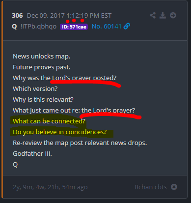 Now what happens if we go back at 1904 and subtract those last two timestamps from one another? Looks a bit like this. 8:24:57 - 8:21:51= 3mins06secDrop 306? There's those 1's again. Why is the Lords Prayer underlined? I'll show you.