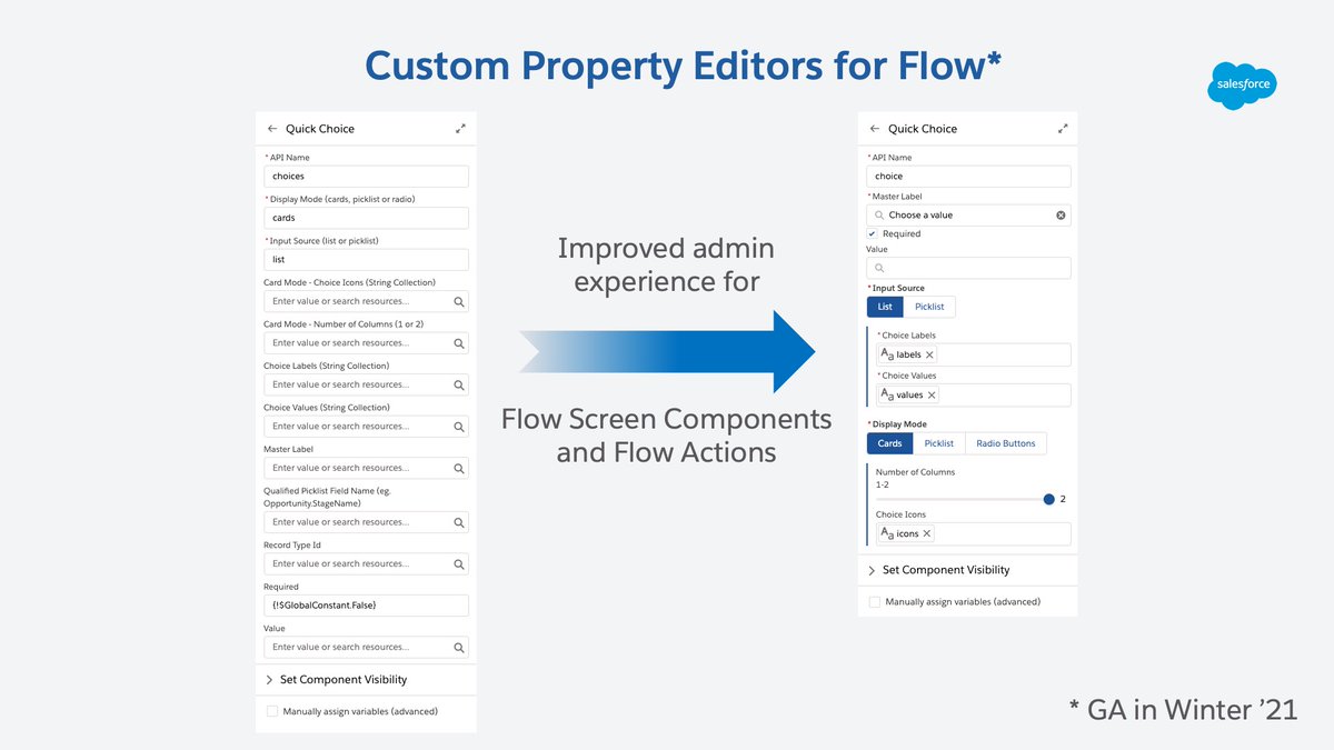 PhilippeOzil's tweet image. Pretty amazing what @SalesforceDevs can do with Custom Property Editors for Flow 🤩
This feature will GA in Winter &apos;21 and will be part of the Sample Apps update.