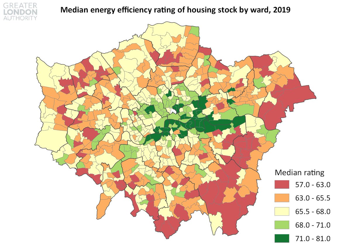 The most energy efficient homes in London are found in high-density areas with many recently built homes, while the least energy efficient tend to be in low-density outer suburbs