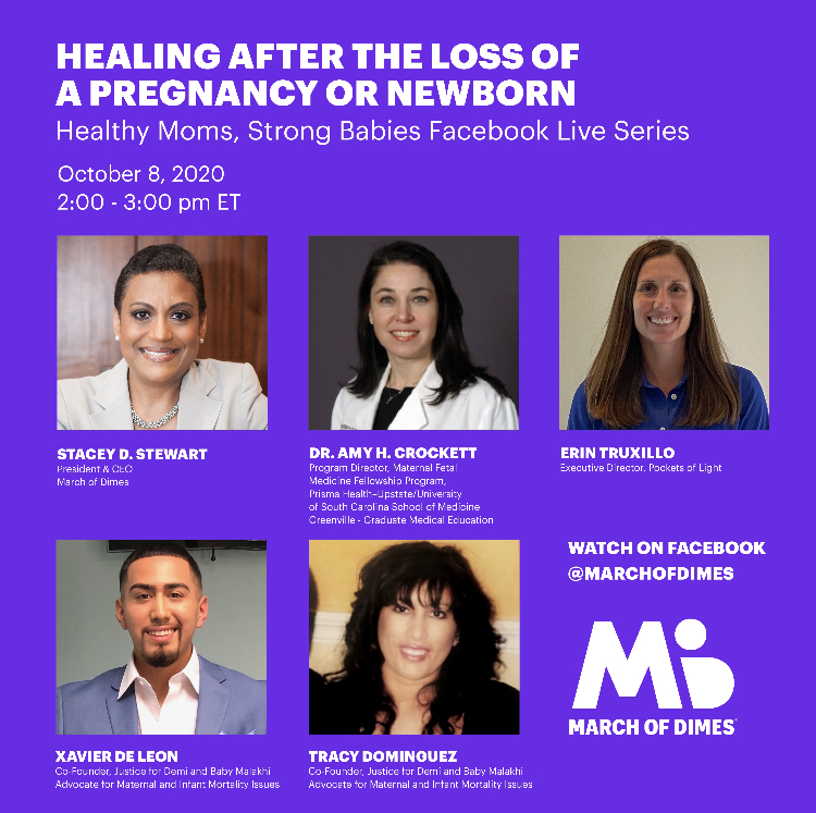 Join us Tomorrow for the next Facebook Live event
Tune in on Oct. 8 at 1 pm CST for our next Facebook Live event: “Healing after the Loss of a Pregnancy or Newborn.” Visit the March of Dimes Facebook page to watch and join in the conversation.
