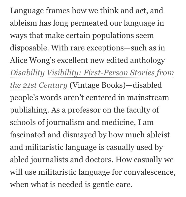 As I wrote in the piece, it’s rare to see disabled voices centered in mainstream publishing, but thankfully  @VintageAnchor has with the excellent  @SFdirewolf edited collection Disability Visibility  https://www.penguinrandomhouse.com/books/617802/disability-visibility-by-alice-wong/