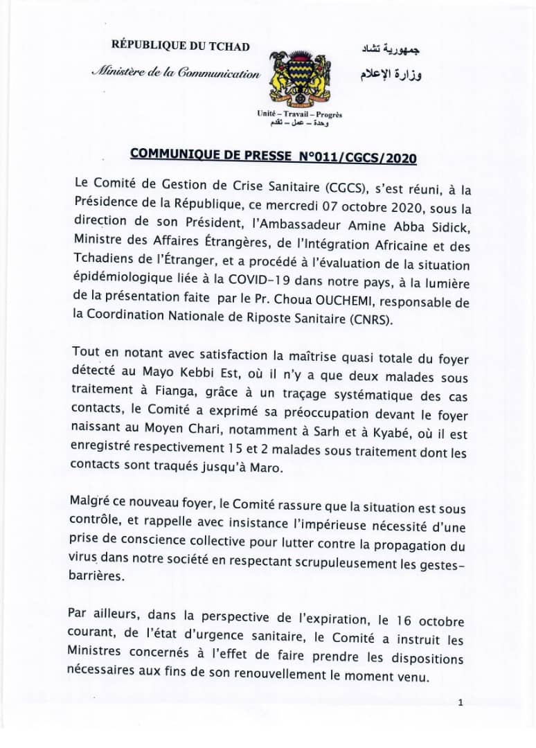 Cherif_MZ's tweet image. Communiqué de presse de la réunion du #CGCS #COVID19 #Tchad tenue cet après-midi.
