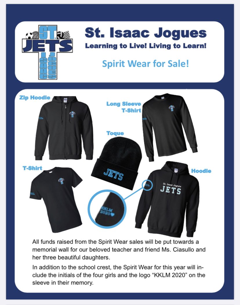 JoguesDPCDSB's tweet photo. Spirit wear for sale! Get it only through school cash online https://t.co/Sfz9GI4REM All proceeds from this year’s sales will be funding a memorial for Mrs. Ciasullo - our beloved friend and teacher - and her three beautiful daughters. #KKLM https://t.co/lZKUlcHBb8