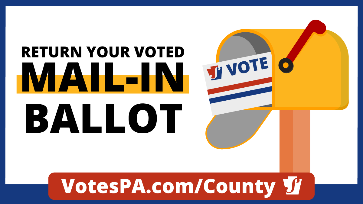 Mail ballots must be RETURNED OR POSTMARKED by 8 pm, Nov 3. Your ballot must be in the white inner secrecy envelope that indicates official ballot &amp; the pre-addressed outer return envelope where the voter must sign.

Find where to return your mail ballot: VotesPA.com/County
