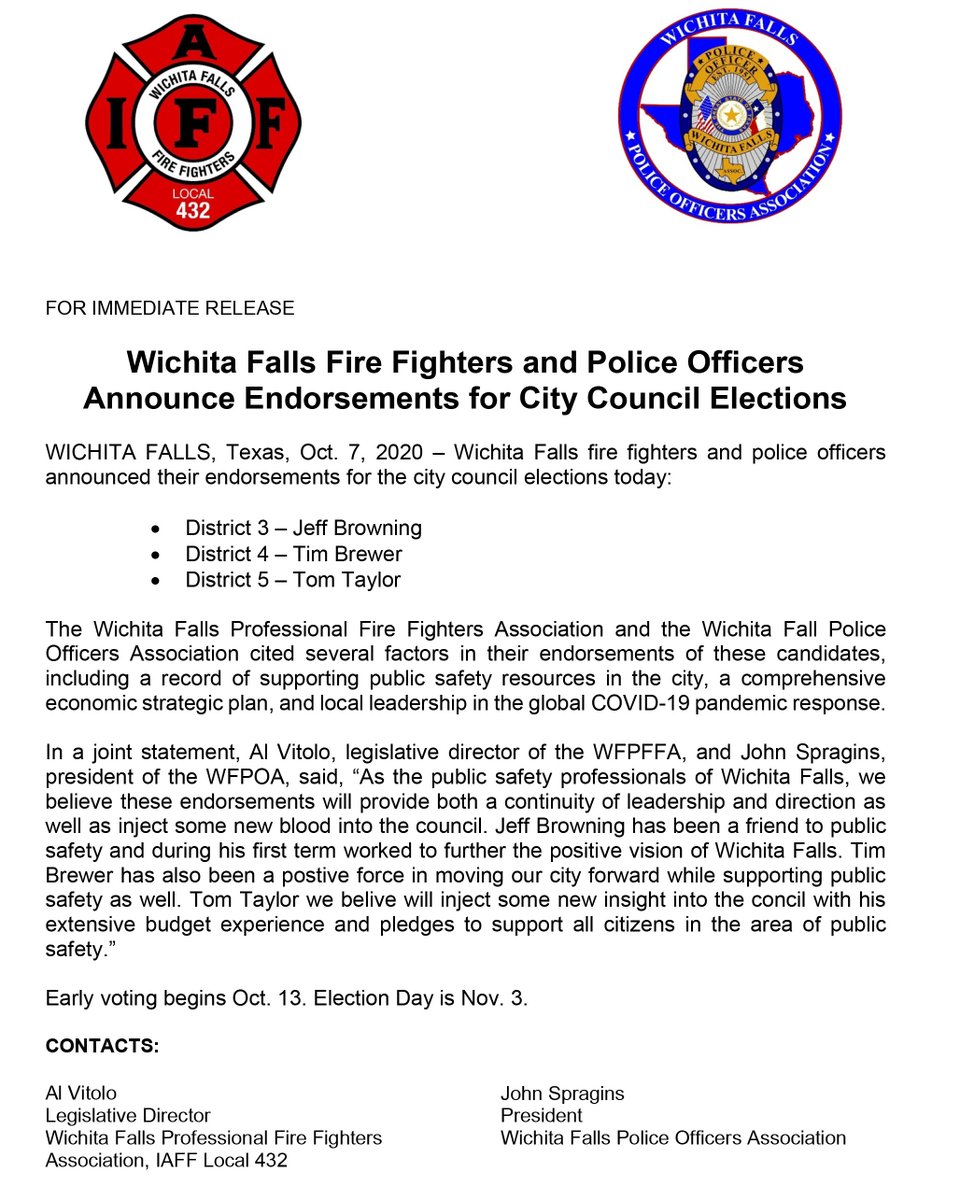 Today your Wichita Falls Professional Firefighters along with the Wichita Falls Police Officers Association announced their endorsements for the Wichita Falls City Council Elections.

@TimesRecordNews , <a href="/KFDX3/">KFDX</a> , @Newschannel6now