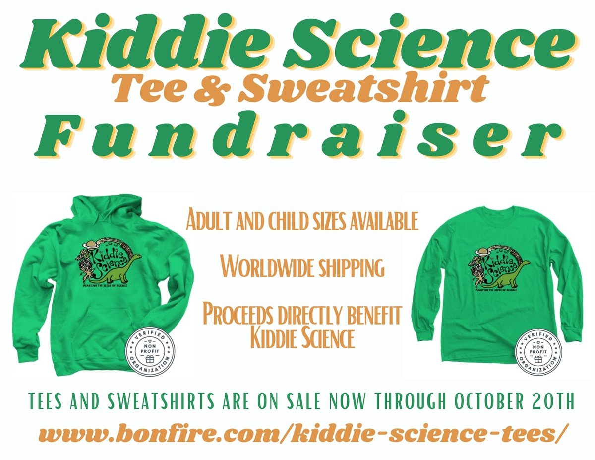 KiddieScience's tweet image. Get your Kiddie Science hoodie or long sleeved tee now through October 20th. Every purchase supports our mission and worldwide shipping is available- bonfire.com/kiddie-science…