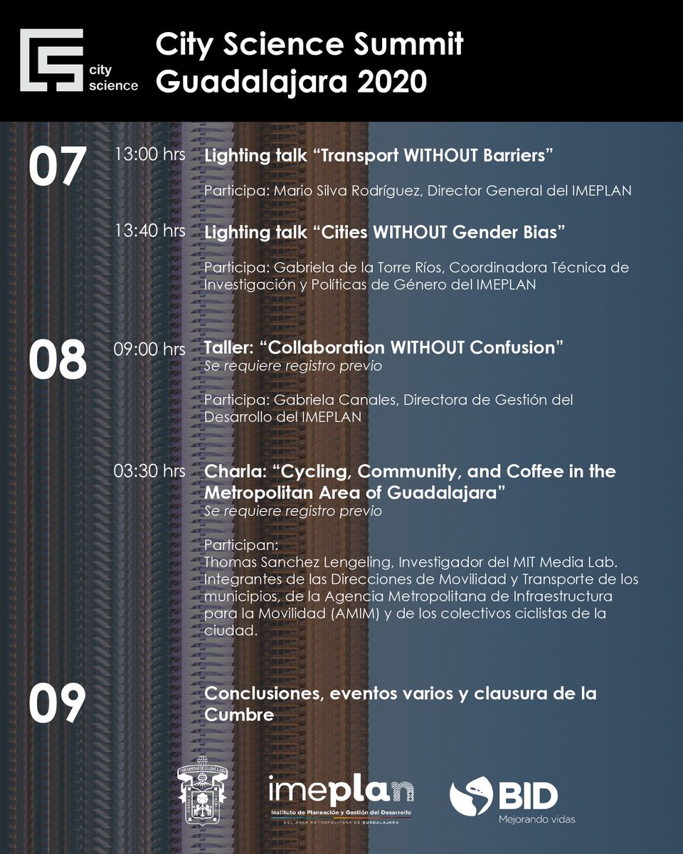 IMEPLAN's tweet photo. No te pierdas las actividades que se llevan a cabo en el #CityScienceSummit del @medialab
@MITCities @udg_oficial @el_BID
Conoce el calendario donde el @IMEPLAN participa.
#SemanaMetropolitana
#OctubreUrbano
 #WorldMetropolitanDay2020 https://t.co/y2ajknlbVs