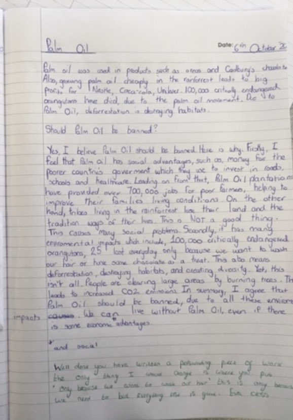 DeLacyAcademy's tweet photo. A huge shoutout to Mrs Myatt’s Yr7 Geography class and their work on ‘should Palm oil be banned?’ Outstanding examples of extended writing and well balanced arguments. Peer and self assembly too! Keep up the hard work 👍 #keytheme #resilience #geography https://t.co/6A4LIjwrIo