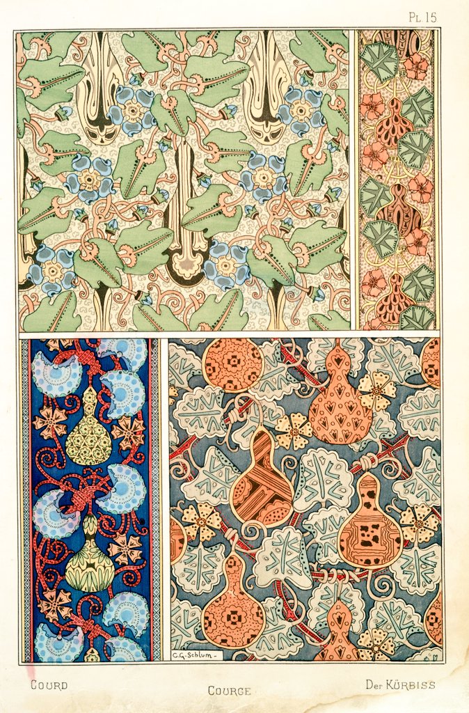 5/ Art Nouveau flower and plant designs from 1896."Gourd". Image 1 and 2 by M.P. Verneuil. Image 3 by C.G. Schlumberger.