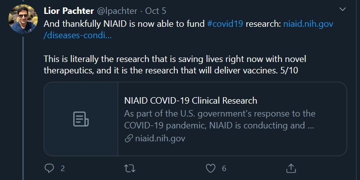 The only problem is that of the top 275 NIAID budgeted projects:-30% is for a SARS-CoV-2 Vaccine-4% is for therapeutics75% of the therapeutics budget went to PPD Inc. and it's not clear how they're using it...could also be used for vaccinelink:  https://projectreporter.nih.gov/project_info_description.cfm?aid=10245506&icde=52048016&ddparam=&ddvalue=&ddsub=&cr=5&csb=AA&cs=DESC&pball=6