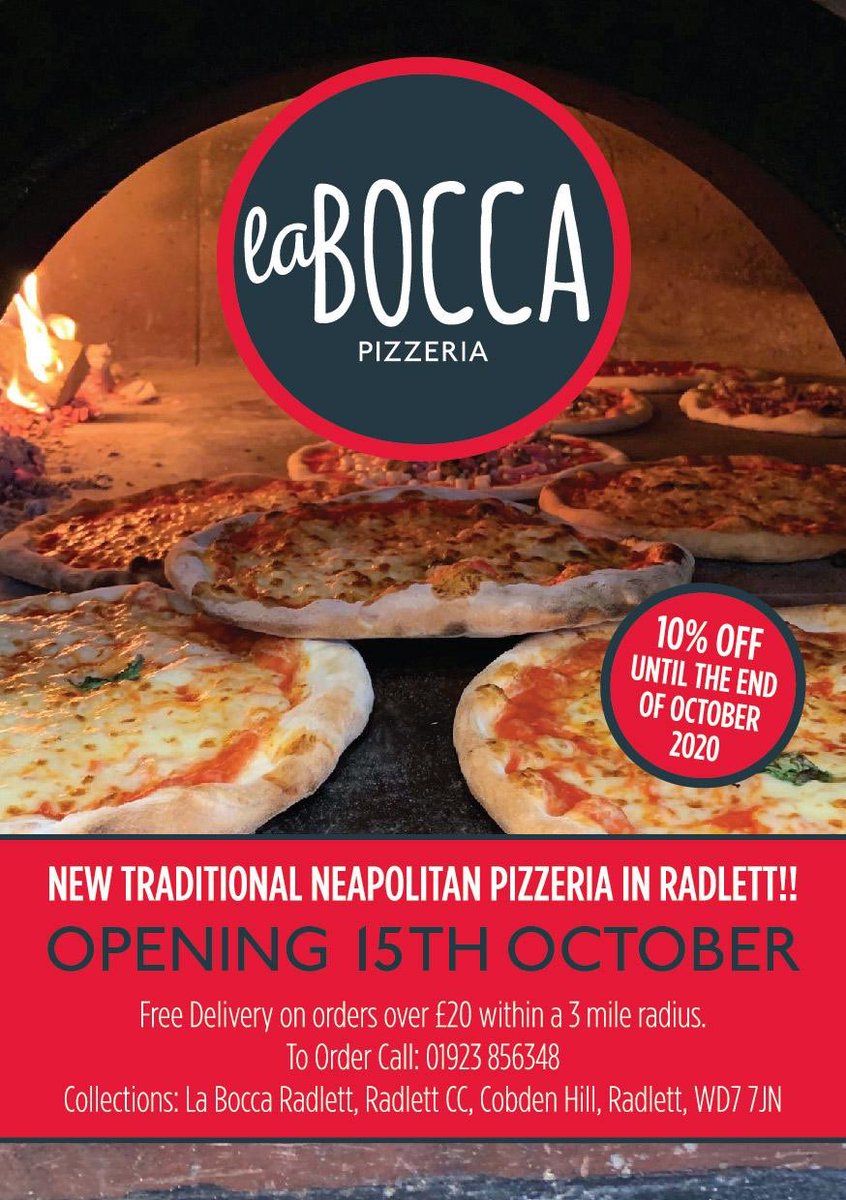 radlettcc's tweet photo. Our new pizza restaurant opening has been confirmed. LaBocca Radlett will be opening up from 4pm on Thursday 15th October #pizza #radlett #radlettcc #italianfood #pizzaria #delivery https://t.co/fPlunta8es