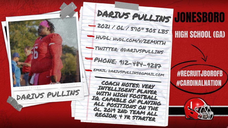 DARIUS PULLINS
#56 OL | ‘21 | 5’10 305
🐥 <a href="/DariusPullins/">Darius Pullins</a>
💻 (MIDSEASON) hudl.com/v/2EMXTH
📚 Jonesboro HS (GA)

HFC @dlfarn
Pos. Coach <a href="/CoachCarmichEAL/">“COACHSYRUP🥞” Coach Darrian CarmichEAL</a>
Recruit Coord <a href="/CoachCarmichEAL/">“COACHSYRUP🥞” Coach Darrian CarmichEAL</a>